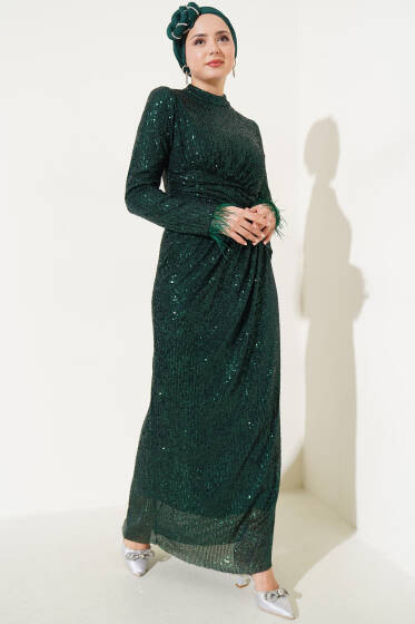 Payetli Bileği Tüylü Elbise Zümrüt - Elbise