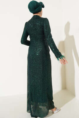Payetli Bileği Tüylü Elbise Zümrüt - Tesettür Elbise