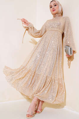 Payetli Kuşaklı Elbise Bej - Tesettür Elbise
