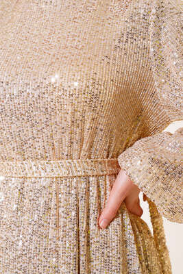 Payetli Kuşaklı Elbise Bej - Tesettür Elbise