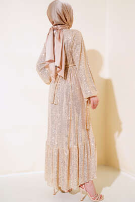 Payetli Kuşaklı Elbise Bej - Tesettür Elbise