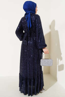 Payetli Kuşaklı Elbise Lacivert - Tesettür Elbise