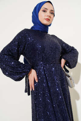Payetli Kuşaklı Elbise Lacivert - Tesettür Elbise