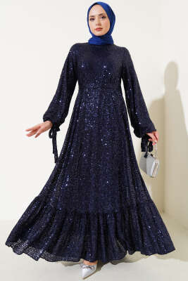 Payetli Kuşaklı Elbise Lacivert 
