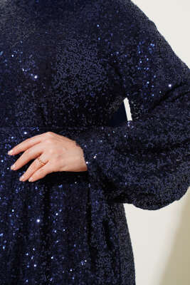 Payetli Kuşaklı Elbise Lacivert - Tesettür Elbise