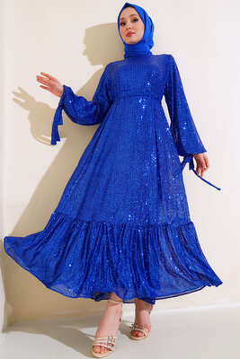 Payetli Kuşaklı Elbise Saks 