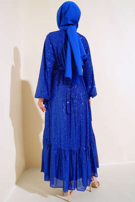 Payetli Kuşaklı Elbise Saks - Tesettür Elbise