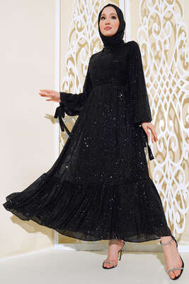 Payetli Kuşaklı Elbise Siyah 