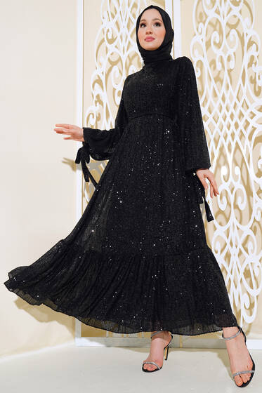 Payetli Kuşaklı Elbise Siyah - Tesettür Elbise