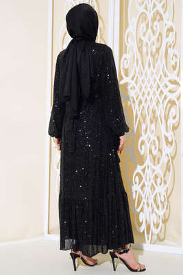 Payetli Kuşaklı Elbise Siyah - Tesettür Elbise