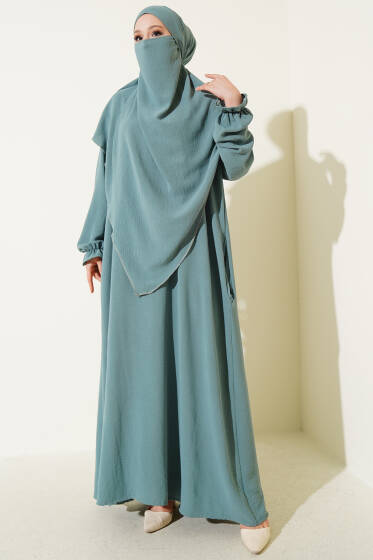 Peçeli Geniş Ferace Çağla Yeşili - Tesettür Elbise