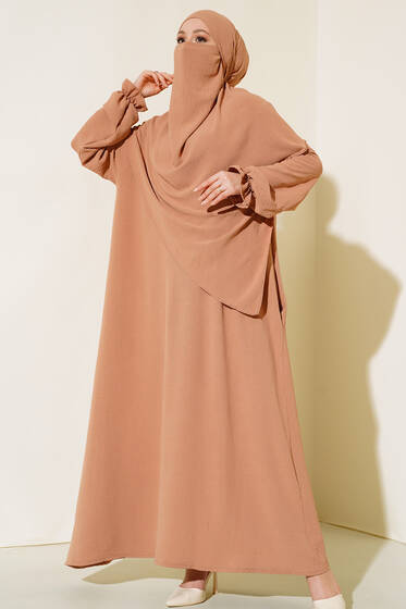 Peçeli Geniş Ferace Camel - Tesettür Elbise
