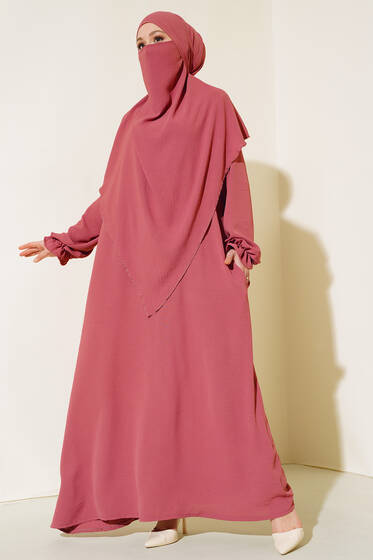 Peçeli Geniş Ferace Gül Kurusu - Namaz Elbisesi