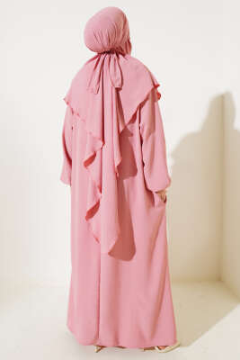 Peçeli Geniş Ferace Pudra - Tesettür Elbise