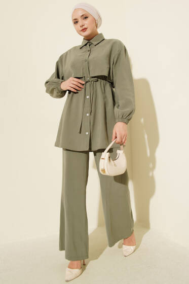 Pelerin Bel Tünelli Modal İkili Takım Haki - İkili Takım