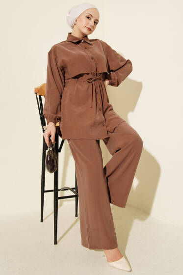 Pelerin Bel Tünelli Modal İkili Takım Kahve - İkili Takım