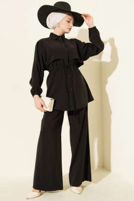 Pelerin Bel Tünelli Modal İkili Takım Siyah - DUFON