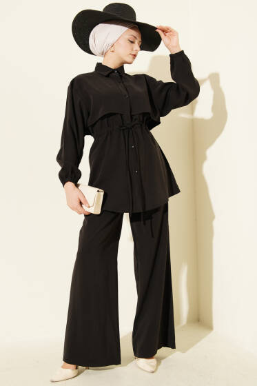 Pelerin Bel Tünelli Modal İkili Takım Siyah - İkili Takım