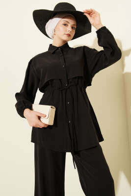 Pelerin Bel Tünelli Modal İkili Takım Siyah - İkili Takım