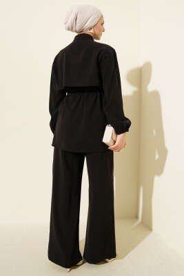 Pelerin Bel Tünelli Modal İkili Takım Siyah - İkili Takım