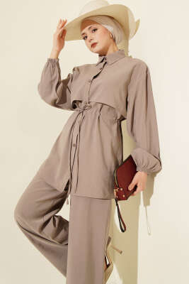 Pelerin Bel Tünelli Modal İkili Takım Vizon - DUFON