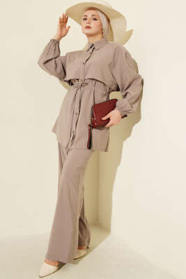 Pelerin Bel Tünelli Modal İkili Takım Vizon - İkili Takım