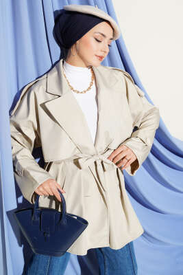 Pelerin Detaylı Apoletli Trençkot Bej - TABLO FASHİON