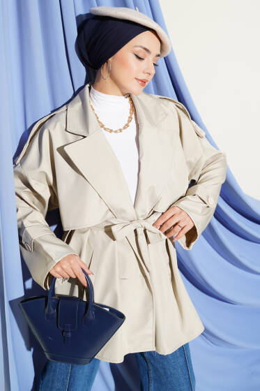 Pelerin Detaylı Apoletli Trençkot Bej - Trençkot