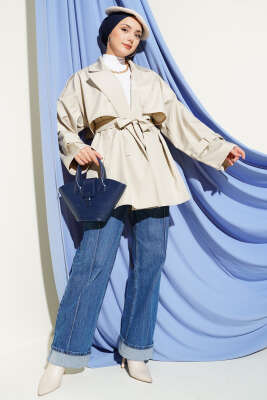 Pelerin Detaylı Apoletli Trençkot Bej - Trençkot