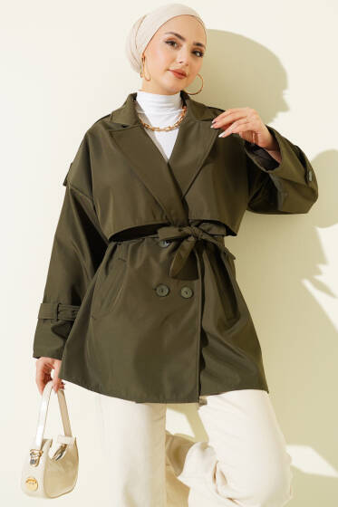 Pelerin Detaylı Apoletli Trençkot Haki - Trençkot