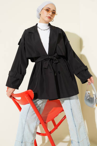 Pelerin Detaylı Apoletli Trençkot Siyah - Trençkot