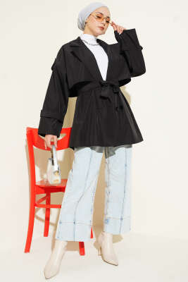 Pelerin Detaylı Apoletli Trençkot Siyah - Trençkot