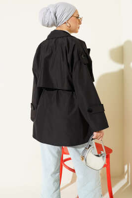 Pelerin Detaylı Apoletli Trençkot Siyah - Trençkot