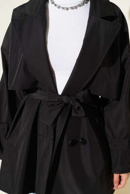 Pelerin Detaylı Apoletli Trençkot Siyah - Trençkot