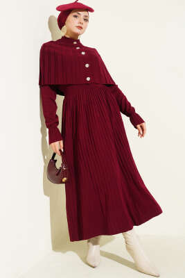 Pelerin Detaylı Düğmeli Triko Elbise Bordo - VAV TEKSTİL