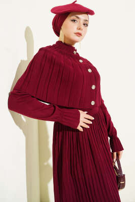 Pelerin Detaylı Düğmeli Triko Elbise Bordo - Elbise