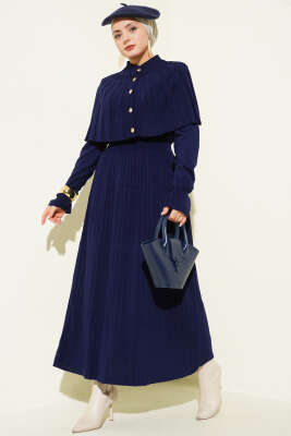 Pelerin Detaylı Düğmeli Triko Elbise Lacivert - VAV TEKSTİL