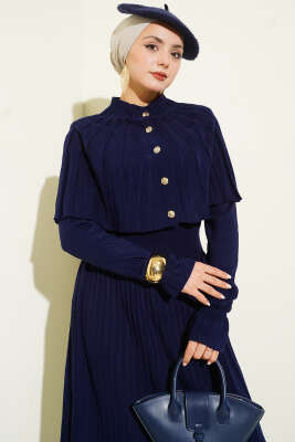 Pelerin Detaylı Düğmeli Triko Elbise Lacivert - Elbise