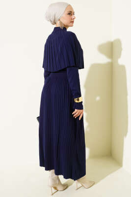 Pelerin Detaylı Düğmeli Triko Elbise Lacivert - Elbise