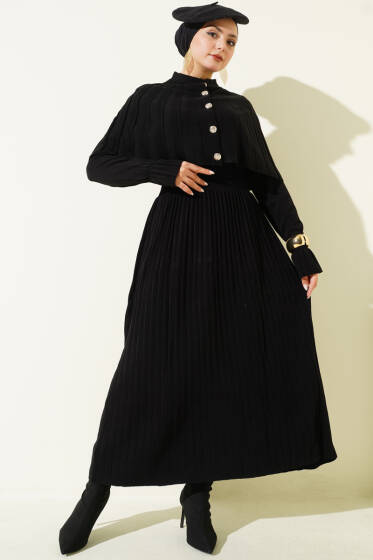 Pelerin Detaylı Düğmeli Triko Elbise Siyah - Elbise