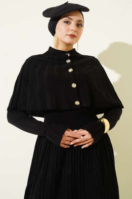 Pelerin Detaylı Düğmeli Triko Elbise Siyah - Elbise