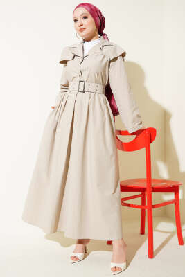 Pelerin Detaylı Kemerli Elbise Bej - SAS