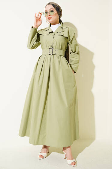 Pelerin Detaylı Kemerli Elbise Çağla Yeşili - Elbise
