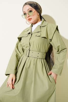 Pelerin Detaylı Kemerli Elbise Çağla Yeşili - Elbise