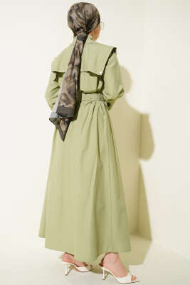 Pelerin Detaylı Kemerli Elbise Çağla Yeşili - Elbise