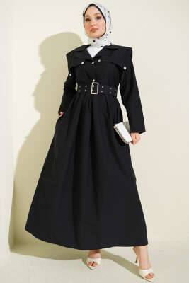 Pelerin Detaylı Kemerli Elbise Siyah - SAS