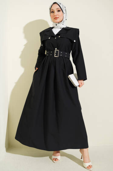 Pelerin Detaylı Kemerli Elbise Siyah - Elbise