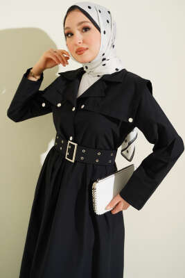 Pelerin Detaylı Kemerli Elbise Siyah - Elbise