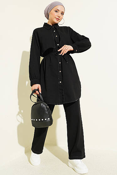 Pelerin Detaylı Kot İkili Takım Siyah - İkili Takım