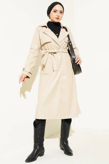 Pelerin Detaylı Kuşaklı Deri Trençkot Bej - Trençkot